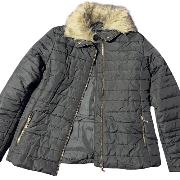 Jackets & Blazers - Gray Quilted Hooded Puffer Parka Womens Large Warm Winter Faux Fur Coat